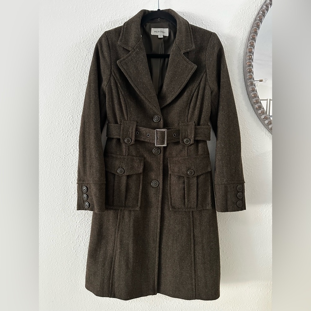 Military Style Olive Green Wool Blend Belted Coat